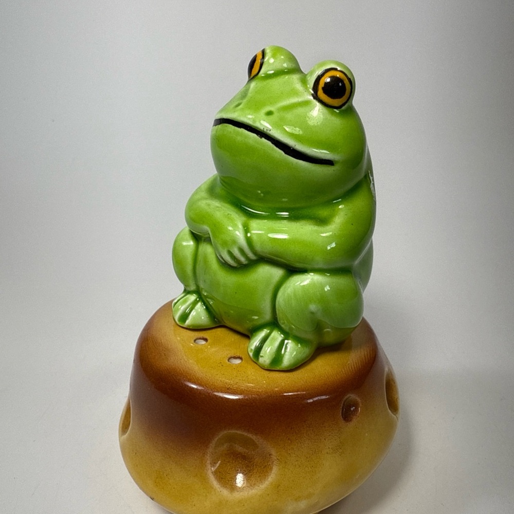 Green Frog on toadstool rare salt & pepper shaker set